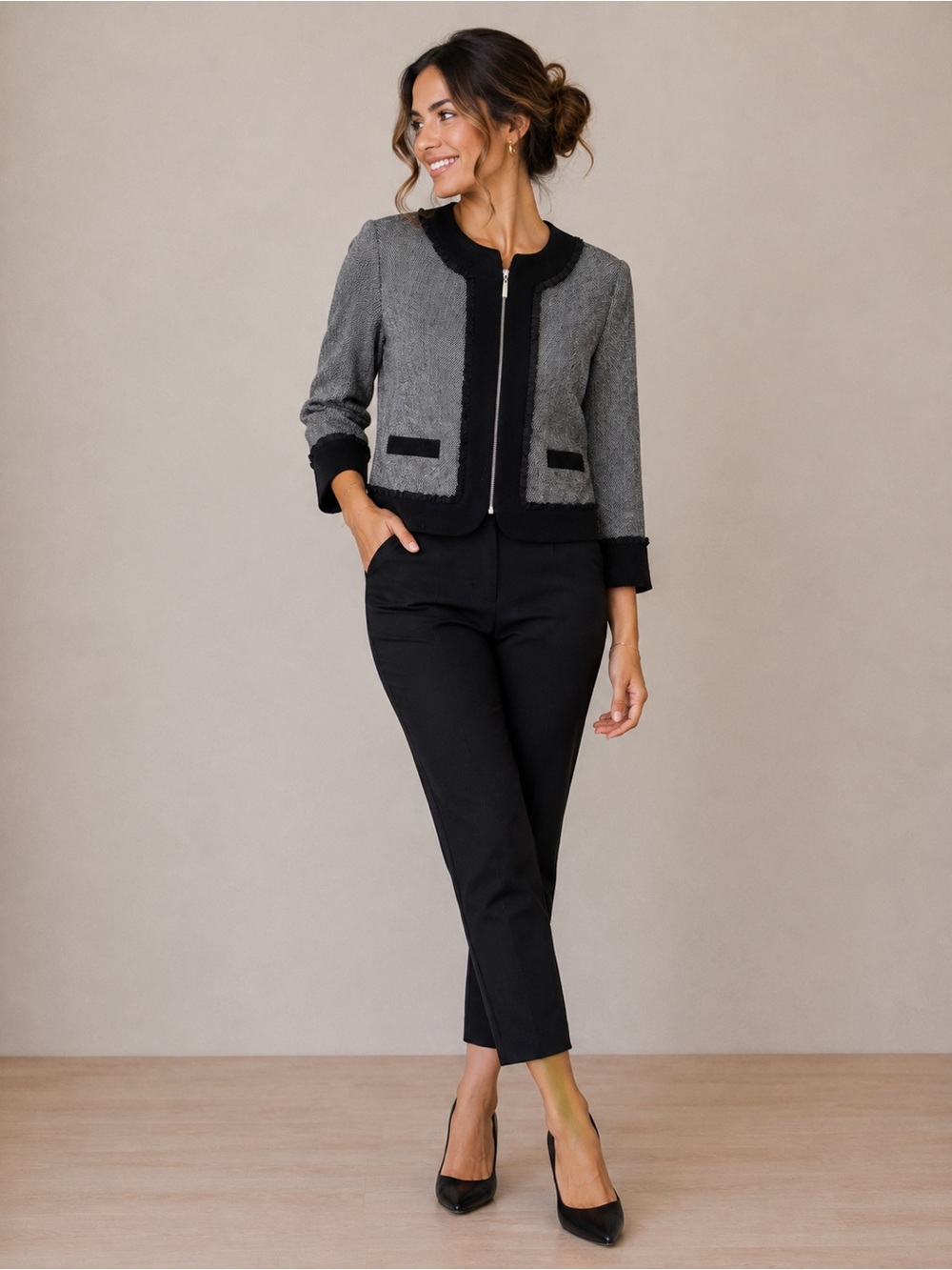 Forever 21 Gray and Black Cropped Zip-Front Jacket